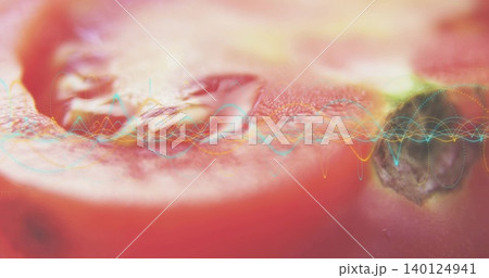 Showing sliced red fruit exposing pulp, dark seed right, dew drops in studio, waveform overlay Showing sliced red fruit exposing pulp, dark seed right, dew drops in studio, waveform overlay 140124941