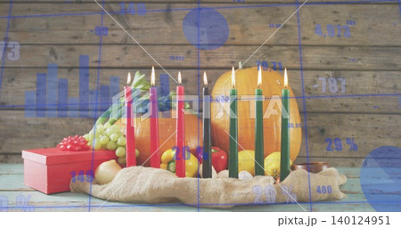 Displaying kinara with seven lit candles on burlap on painted tabletop, pumpkin and blue overlay Displaying kinara with seven lit candles on burlap on painted tabletop, pumpkin and blue overlay 140124951