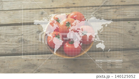 Displaying round bowl holding ripe red tomatoes on wooden tabletop, with map grid and date blocks 140125052