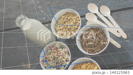 Displaying five white cereal bowls on wooden table, milk bottle, spoons, AR grid, blue boxes, ticks 140125063