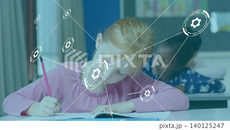 Writing girl in pink longsleeve leaning on notebook at school, holding pink pencil with overlay Writing girl in pink longsleeve leaning on notebook at school, holding pink pencil with overlay 140125247