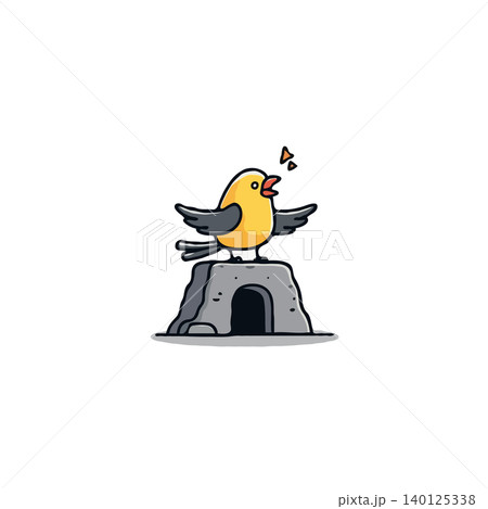 A cheerfully designed cartoon illustration features a small, yellow bird perched upon a simplified stone structure with a dark entrance, the bird with spread wings seems to be enjoying a lively A cheerfully designed cartoon illustration features a small, yellow bird perched upon a simplified stone structure with a dark entrance, the bird with spread wings seems to be enjoying a lively 140125338