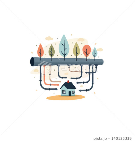 A charming stylized illustration showcasing a house connected to a system of pipes, adorned with abstract trees. This represents a unique approach to water and energy distribution, symbolizing A charming stylized illustration showcasing a house connected to a system of pipes, adorned with abstract trees. This represents a unique approach to water and energy distribution, symbolizing 140125339