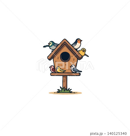 Charming illustration of a birdhouse teeming with diverse birds. The inviting roost fosters wildlife, captures nature's harmony and the delight of spring. This cheerful scene represents a vibrant Charming illustration of a birdhouse teeming with diverse birds. The inviting roost fosters wildlife, captures nature's harmony and the delight of spring. This cheerful scene represents a vibrant 140125340