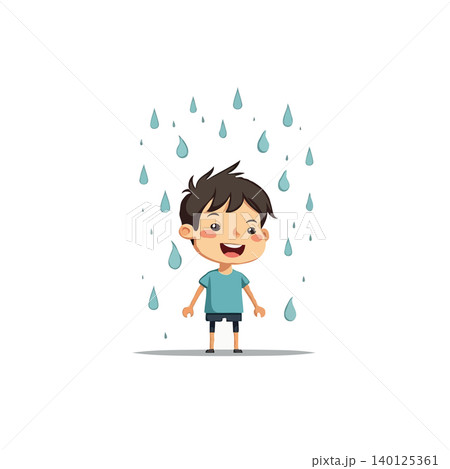 A cheerful cartoon boy stands amidst a gentle rain shower, smiling with delight. The raindrops fall around him, creating a refreshing and whimsical scene, capturing the simple joy of childhood and 140125361
