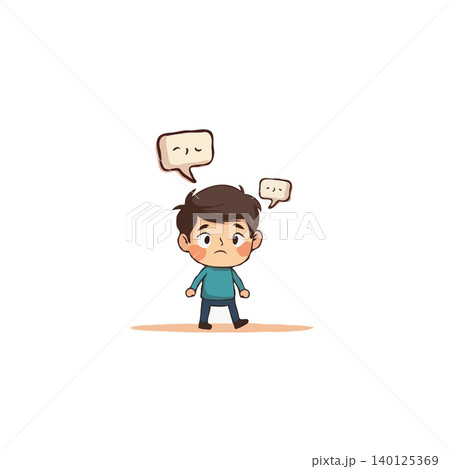 This illustration portrays a thoughtful young boy, standing alone and contemplating future choices. Speech bubbles hover above him, representing his internal dialogue and uncertainty about This illustration portrays a thoughtful young boy, standing alone and contemplating future choices. Speech bubbles hover above him, representing his internal dialogue and uncertainty about 140125369