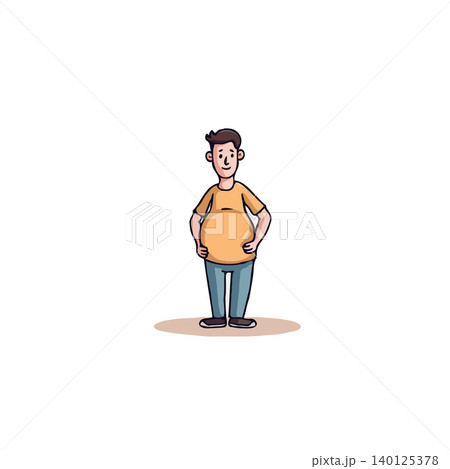 A cheerful cartoon illustration displays a man with a prominent belly. He stands confidently in a relaxed pose, hands gently resting on his stomach. The drawing is simple, modern, and conveys A cheerful cartoon illustration displays a man with a prominent belly. He stands confidently in a relaxed pose, hands gently resting on his stomach. The drawing is simple, modern, and conveys 140125378
