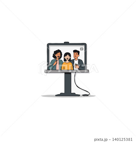 A heartwarming illustration showcases a family joyfully connecting through a virtual video conference. The bright and inviting screen displays their smiling faces, highlighting the ease and 140125381