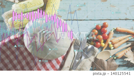 Sitting pale green melon on turquoise tabletop with corn, tomatoes, carrots, cutlery, data overlays 140125541
