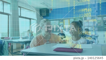 Leaning teacher and student studying notebook at front desk, with pencil case and binary overlay Leaning teacher and student studying notebook at front desk, with pencil case and binary overlay 140125645