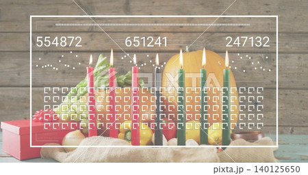 Displaying harvest display showing seven lit candles and pumpkin on turquoise table, overlay Displaying harvest display showing seven lit candles and pumpkin on turquoise table, overlay 140125650