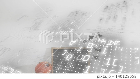 Showing orange pumpkin and sign leaning on shelf at wall with binary digits, spiders, copy space Showing orange pumpkin and sign leaning on shelf at wall with binary digits, spiders, copy space 140125658