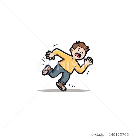 A cartoon depicts a boy losing his balance and falling, with an expression of shock on his face. The incident conveys a sense of sudden mishap and the risk associated with slips and falls, A cartoon depicts a boy losing his balance and falling, with an expression of shock on his face. The incident conveys a sense of sudden mishap and the risk associated with slips and falls, 140125706
