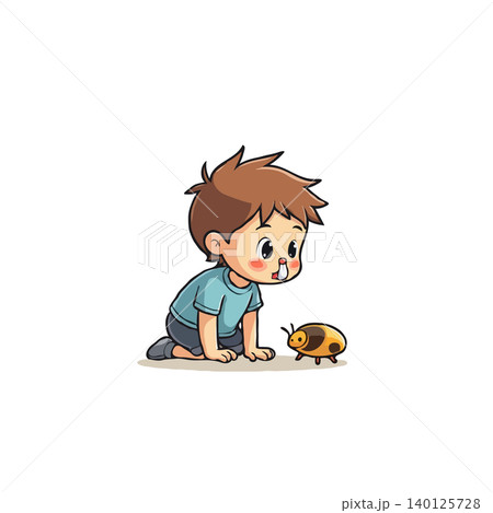 A young child kneels, completely captivated by a small beetle crawling on the ground. The scene emphasizes the beauty of simple curiosity and the joy of discovering the natural world. The boy's A young child kneels, completely captivated by a small beetle crawling on the ground. The scene emphasizes the beauty of simple curiosity and the joy of discovering the natural world. The boy's 140125728