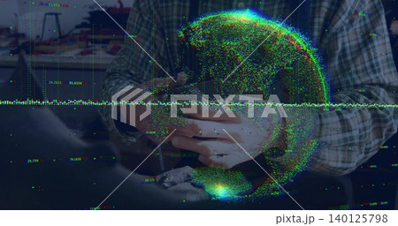 Holding woman manipulating smartphone at desk, wearing plaid shirt with digital globe and numbers Holding woman manipulating smartphone at desk, wearing plaid shirt with digital globe and numbers 140125798