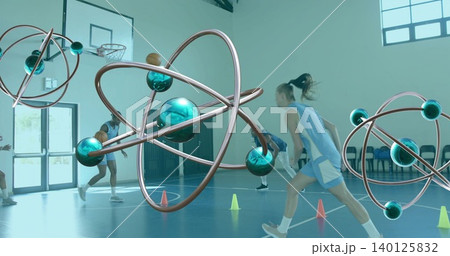 Running woman wearing light-blue uniform ponytail moving left at gym metal orbits cones, copy space Running woman wearing light-blue uniform ponytail moving left at gym metal orbits cones, copy space 140125832