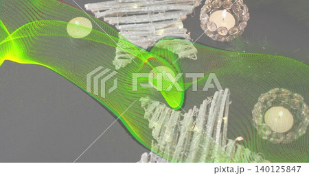 Displaying green wavy mesh sweeping over dark table, with whitewashed stars and glass votives 140125847