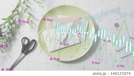 Displaying pale green plate holding two folded papers on grid desk, showing market overlay Displaying pale green plate holding two folded papers on grid desk, showing market overlay 140125874
