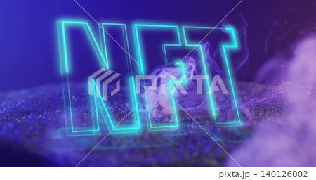 Glowing 3D outline NFT letters sitting on textured glitter tabletop, with purple smoke plumes 140126002