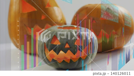 Glowing carved grey-green pumpkin sitting on smooth tabletop, showing lit candle and HUD charts Glowing carved grey-green pumpkin sitting on smooth tabletop, showing lit candle and HUD charts 140126011
