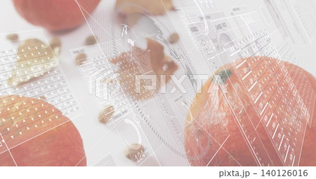 Featuring large textured orange resting on white table, with nuts, shells, HUD overlays, copy space 140126016