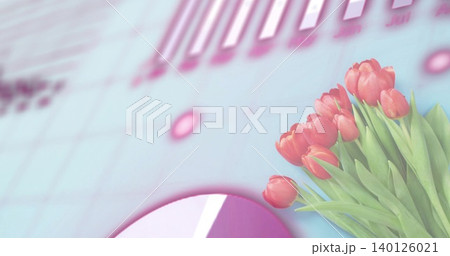 Showing green-stemmed bouquet of red-pink tulips resting on pale blue chart with data, copy space Showing green-stemmed bouquet of red-pink tulips resting on pale blue chart with data, copy space 140126021