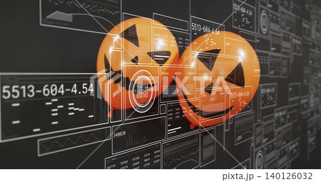 Floating 3D jack-o'-lantern spheres hovering over virtual dashboard, with HUD panels and codes Floating 3D jack-o'-lantern spheres hovering over virtual dashboard, with HUD panels and codes 140126032