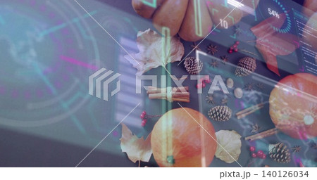 Displaying flat autumn display featuring pumpkins, pine cones, cinnamon on dark table, HUD blinds 140126034