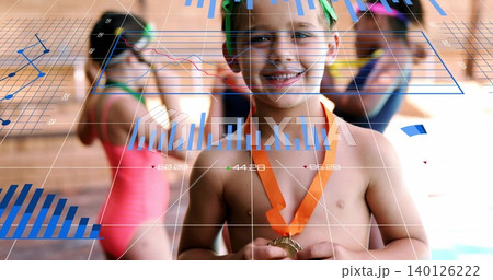 Holding gold medal, shirtless boy smiling at pool wearing green cap, orange ribbon, HUD overlays 140126222