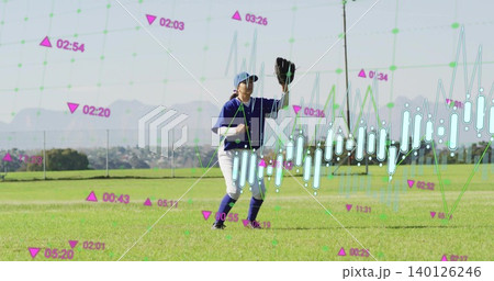 Fielding woman baseball player in navy cap, jersey, white pants, glove up on outfield amid overlay Fielding woman baseball player in navy cap, jersey, white pants, glove up on outfield amid overlay 140126246