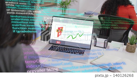 Displaying laptop chart with owl logo and red BUY, colleagues in red top coding in office Displaying laptop chart with owl logo and red BUY, colleagues in red top coding in office 140126268