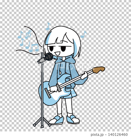 一幅風格簡潔的全身插畫，描繪了一個女孩彈吉他唱歌的場景。 140126460