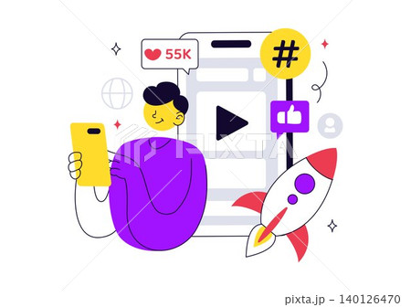 Viral Topic Vector Illustration Featuring Social Media Trends, Content Marketing Growth, Online Engagement, Influencer Promotion, and Digital Media 140126470