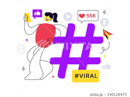 Viral Topic Vector Illustration Featuring Social Media Trends, Content Marketing Growth, Online Engagement, Influencer Promotion, and Digital Media 140126473
