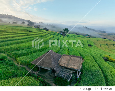 Lush green rice terraces surrounding traditional village huts in rural Chiangmai highlands during growing season. Thailand's agricultural heritage and natural landscapes for travel destinations. 140126656