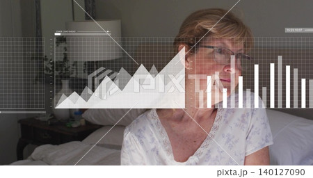 Sitting senior woman wearing floral pajama top and eyeglasses on bed at home, with digital charts Sitting senior woman wearing floral pajama top and eyeglasses on bed at home, with digital charts 140127090