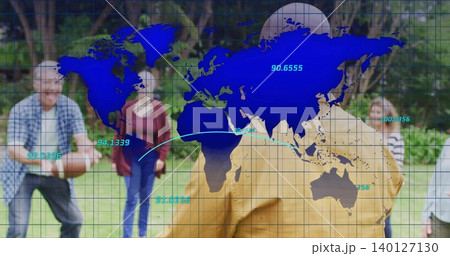 Standing person wearing mustard jacket facing others on park lawn, with blue world map overlay Standing person wearing mustard jacket facing others on park lawn, with blue world map overlay 140127130