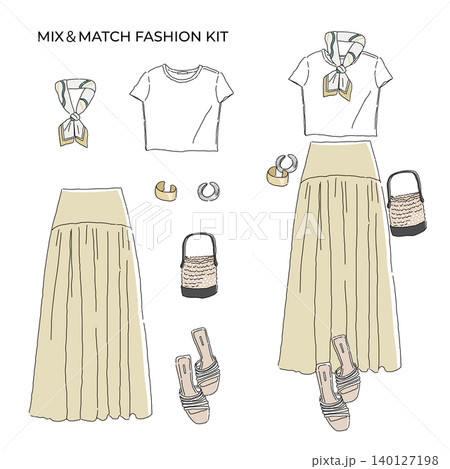 着せ替えファッションキット クロップドTシャツとロングスカートのナチュラルコーデイラスト 着せ替えファッションキット クロップドTシャツとロングスカートのナチュラルコーデイラスト 140127198