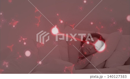 Sleeping woman is lying on bed in flat design illustration, with red glowing shapes tech overlay Sleeping woman is lying on bed in flat design illustration, with red glowing shapes tech overlay 140127383
