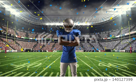 Football player is standing on stadium field in flat design sports graphic with confetti 140127399