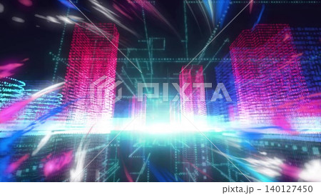 Neon 3D cityscape is featuring glowing grids, colorful light trails for technology theme Neon 3D cityscape is featuring glowing grids, colorful light trails for technology theme 140127450