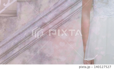 Woman in lace dress is standing at ornate marble railing in flat interior design, copy space 140127527
