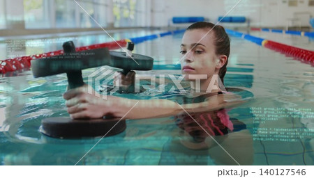 Woman performing aquatic workout in flat design pool, health theme showing dumbbells and lane ropes Woman performing aquatic workout in flat design pool, health theme showing dumbbells and lane ropes 140127546