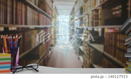 Library desk is showing education themed 3D holographic brain with pencils, scissors, sticky notes Library desk is showing education themed 3D holographic brain with pencils, scissors, sticky notes 140127553