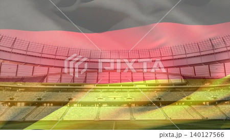 Football stadium is being shown in flat, with green pitch, seating, German flag overlay, business Football stadium is being shown in flat, with green pitch, seating, German flag overlay, business 140127566