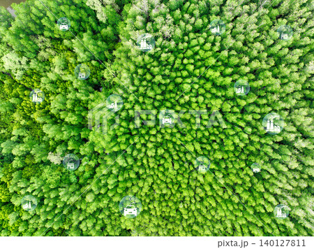 Carbon neutrality concept. Green tree capture of carbon emissions from factories and transportation. Natural carbon sinks, CO2 reduction, pollution balance, and environmental sustainability. Carbon neutrality concept. Green tree capture of carbon emissions from factories and transportation. Natural carbon sinks, CO2 reduction, pollution balance, and environmental sustainability. 140127811