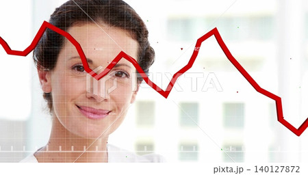 Facing mid adult woman wearing collared shirt showing red jagged line chart overlay, windows 140127872