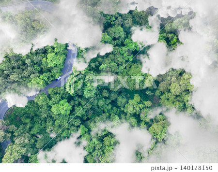 Aerial top view of electric vehicle driving on a winding highway road in green forest with fog. Sustainable transportation, zero emissions, and eco-friendly mobility for reducing carbon footprints. Aerial top view of electric vehicle driving on a winding highway road in green forest with fog. Sustainable transportation, zero emissions, and eco-friendly mobility for reducing carbon footprints. 140128150
