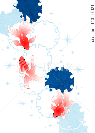 金魚と雪輪の暑中見舞いはがきイラスト、キラキラ、かわいい、白 140128321
