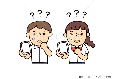 夏の制服の学生男女2人がスマホを持って考え悩むイラスト 夏の制服の学生男女2人がスマホを持って考え悩むイラスト 140128366
